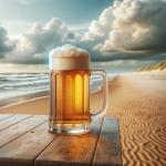 DALL·E 2023-11-12 13.41.28 - A photorealistic image of a frothy, delicious-looking beer in a clear, transparent mug, set against a North Sea beach backdrop. The beer should have a.png